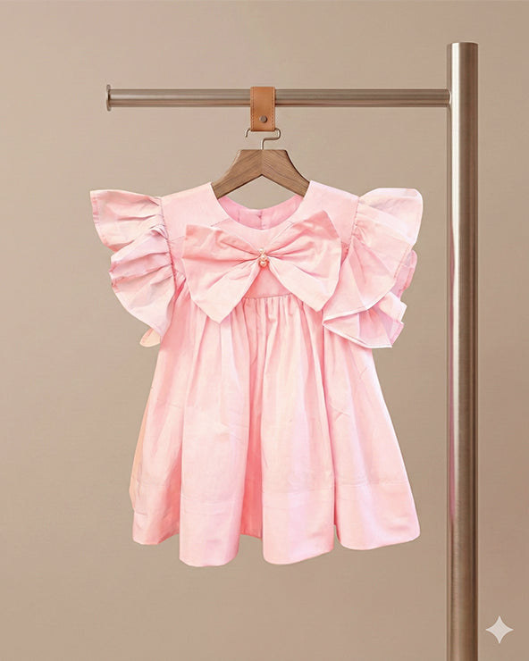Baby pink paper poplin butterfly sleeve top with pearl bow