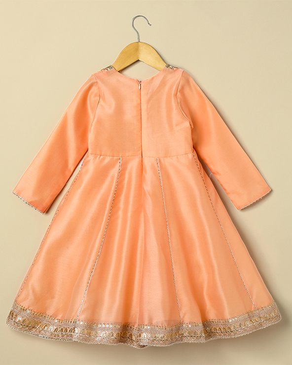 Peach chanderi silk anarkali for girls with hand embroidery