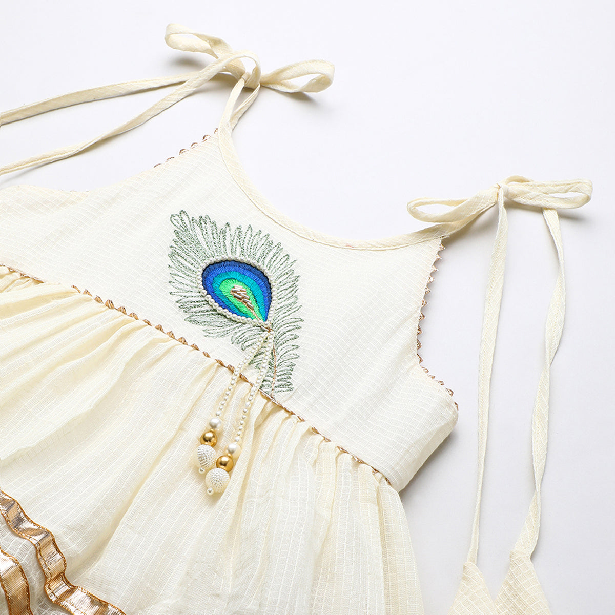 Off white Pure doria cotton Mayurpankh pearls embroidery with plazo set
