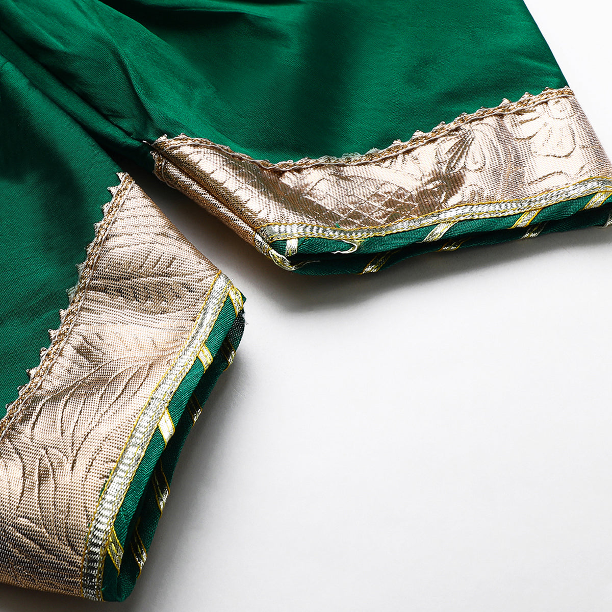 Fucshia pink tissue silk Mayurpankh pearls embroidery with taffeta Green Dhoti