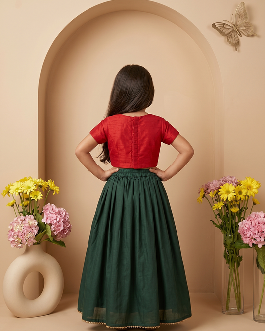Red Zardozi embroidered crop top with green skirt set for girls