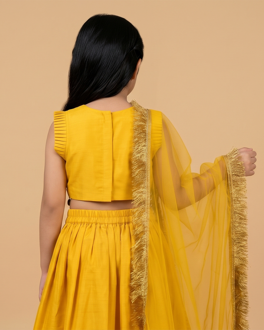 Yellow Chanderi Zardozi embroidered Anarkali skirt set with dupatta for girls