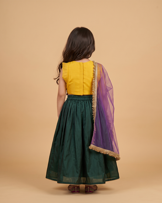 Yellow embroidered top with green skirt and purple dupatta set for girls