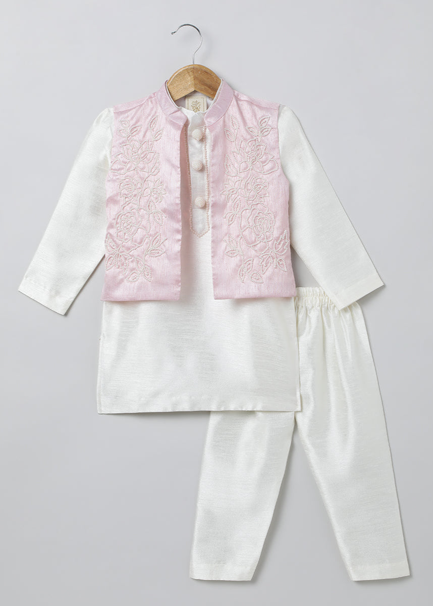 White & Baby Pink Raw Silk Kurta-Pyjama Set for Boys