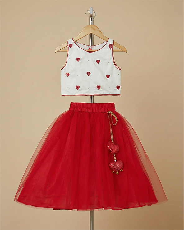 White & red heart embroidered top skirt set for girls | cotton & tulle