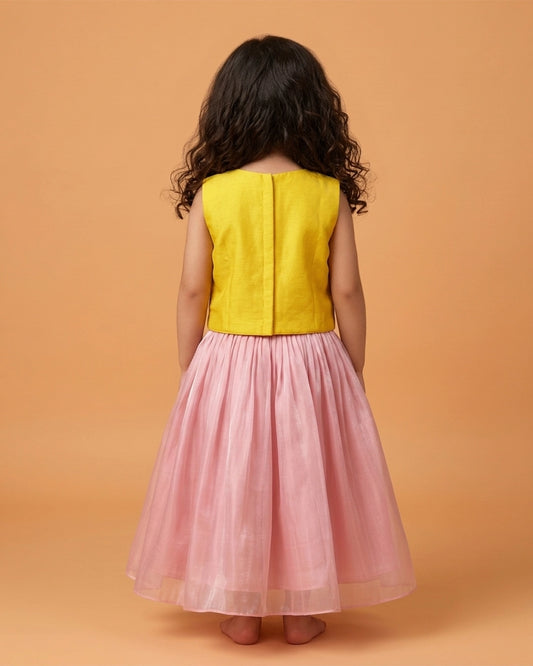 Pink Tissue Silk Embroidered Lehenga Set for Girls
