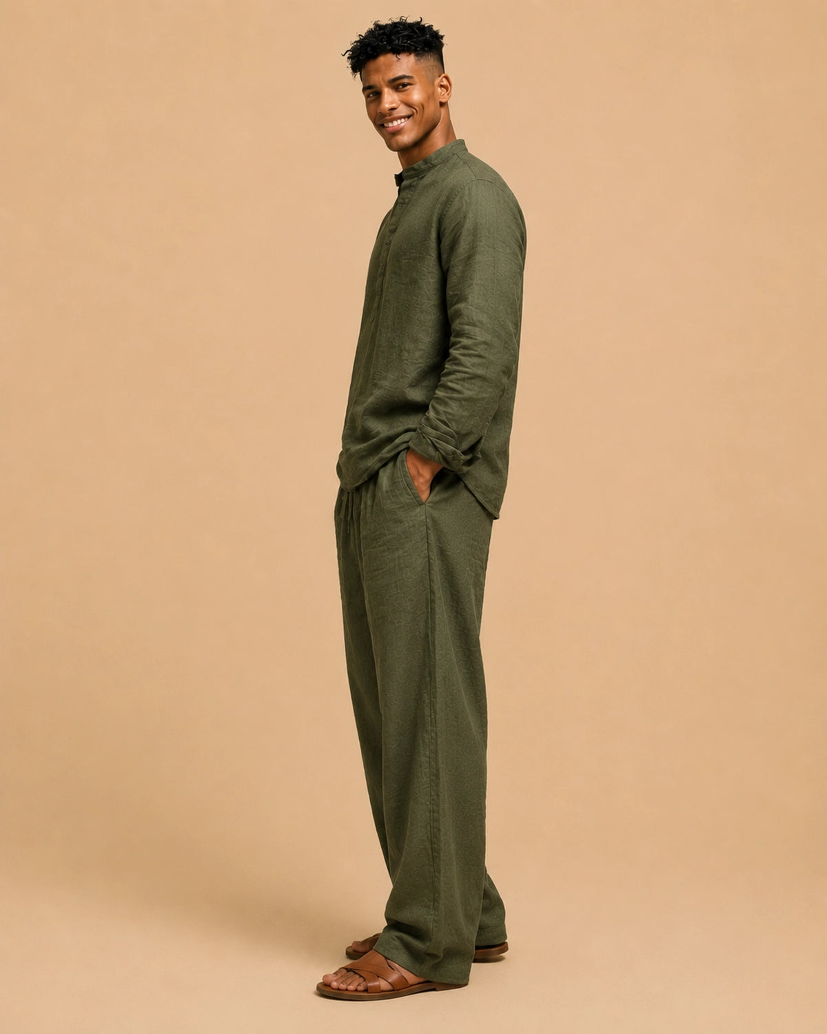 Men’s olive linen lounge set – premium co ord outfit