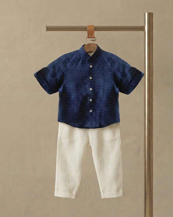 Navy blue pure linen polka dot shirt set for boys