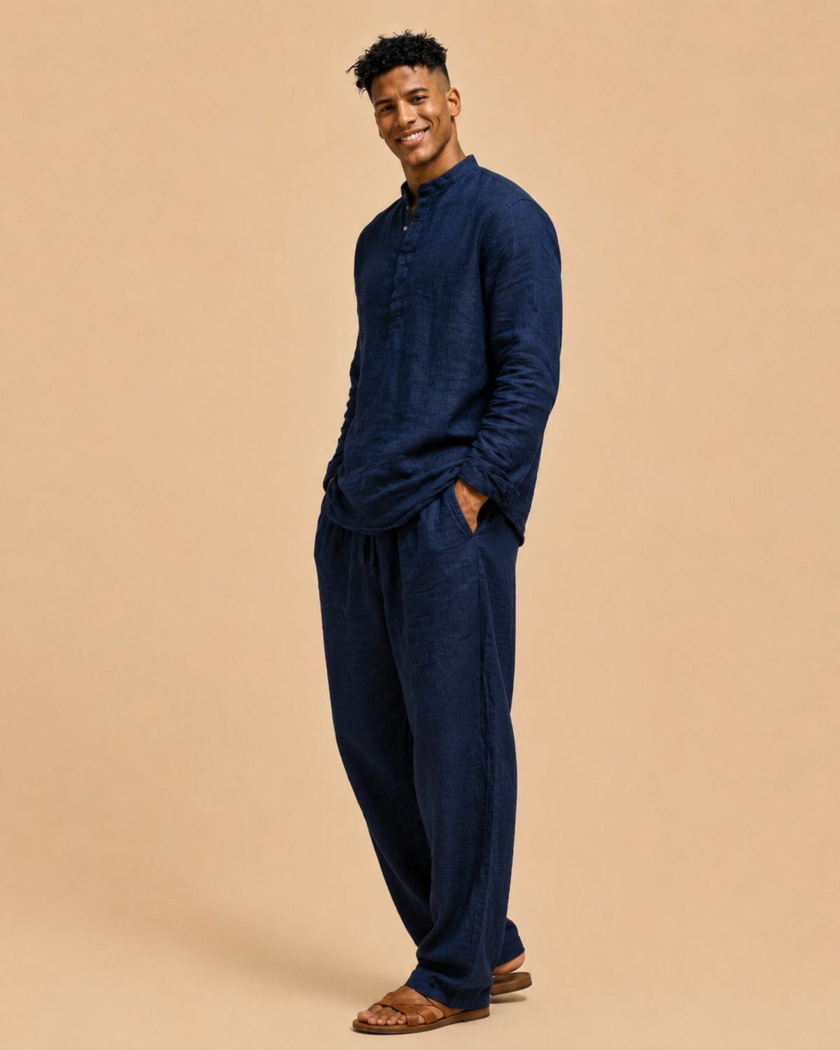 Men’s navy blue linen lounge set – premium co ord wear