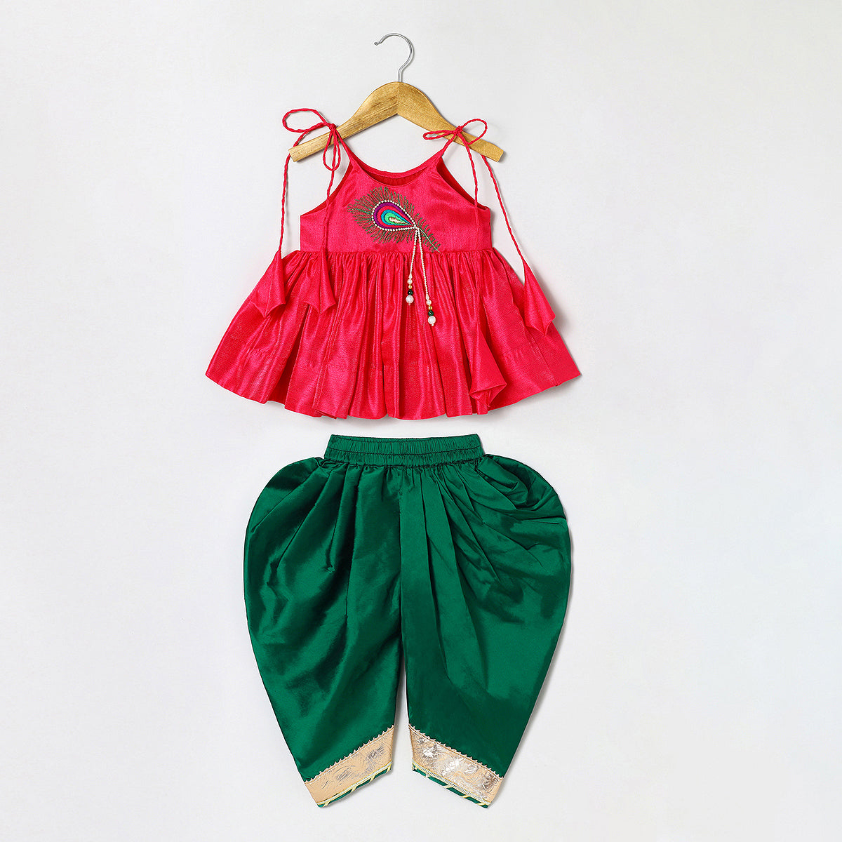 Fucshia pink tissue silk Mayurpankh pearls embroidery with taffeta Green Dhoti