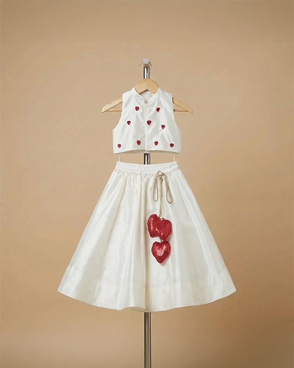 White raw silk top skirt set for girls with red heart embroidery
