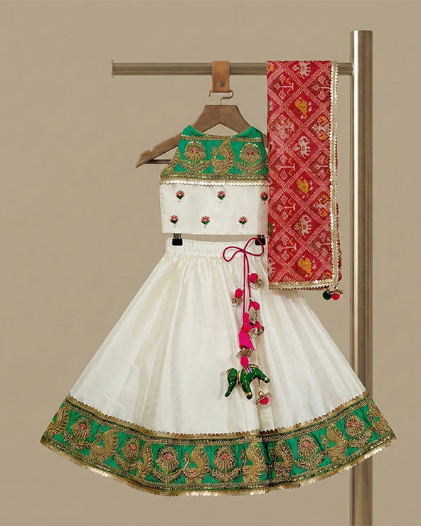 Ivory & green embroidered lehenga set for girls with bandhani dupatta