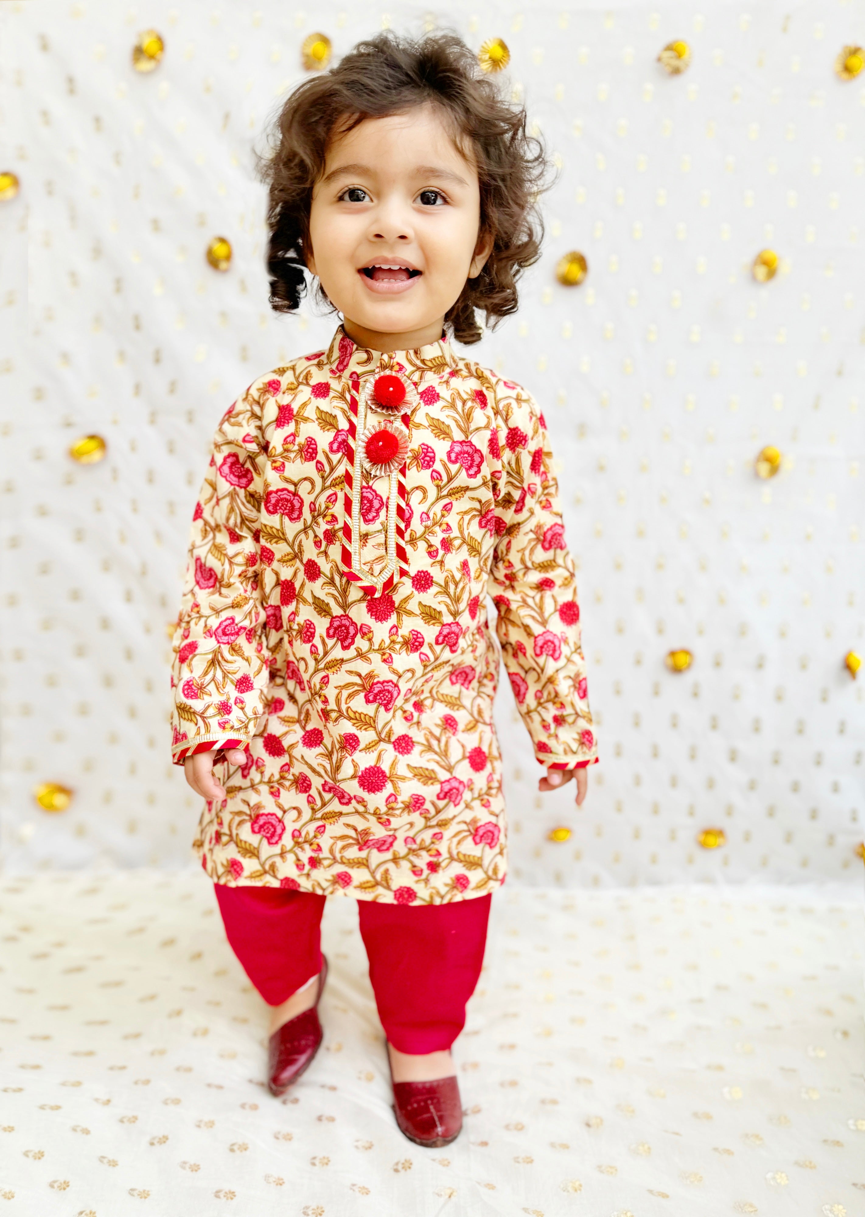 Multicolor Jaipur Floral Print Kurta Pyjama Set for Boys