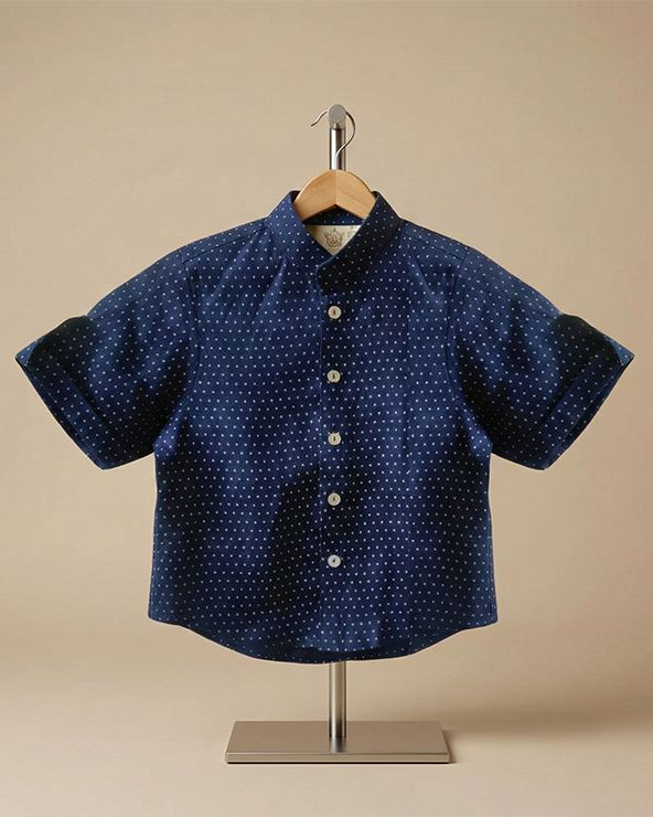 Navy blue pure linen polka dot shirt set for boys