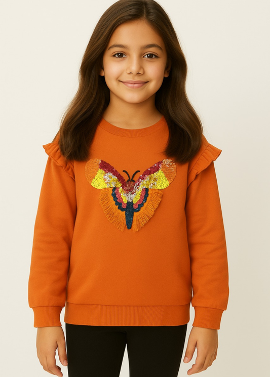 Orange Sweatshirt with Sequin Butterfly Embroidery