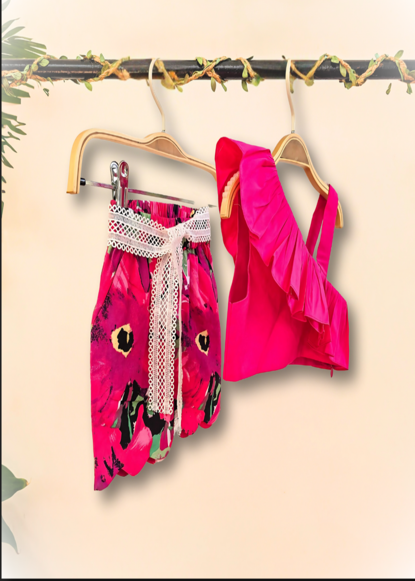 taffeta silk one shoulder frills crop top and cotton scalped shorts