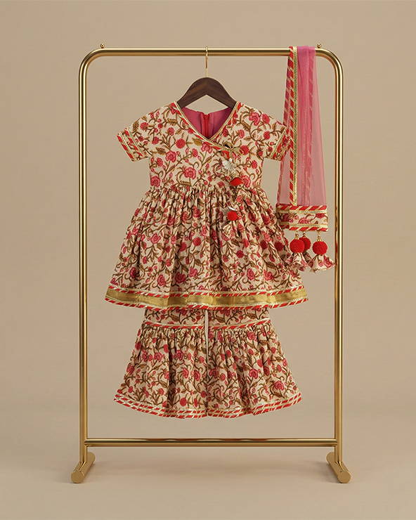 Multicolor floral cotton kurti sharara set for girls with dupatta