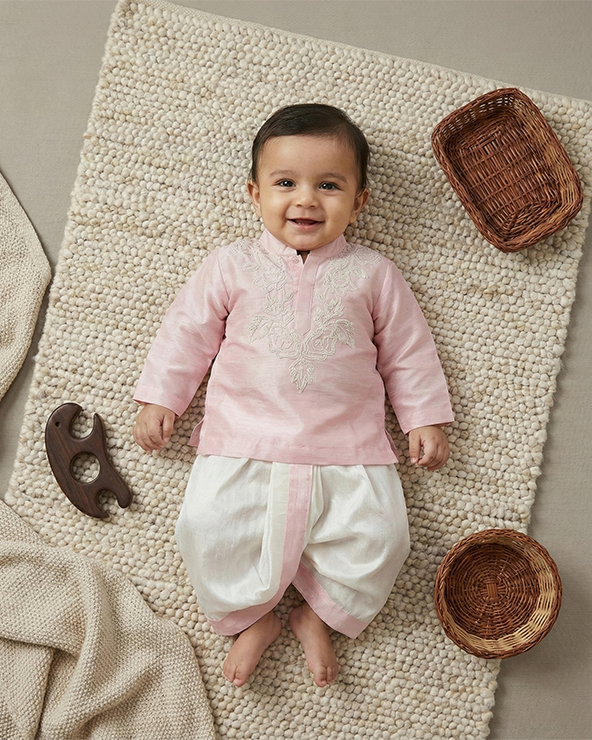 Baby pink raw silk kurta dhoti set for boys with pearl embroidery