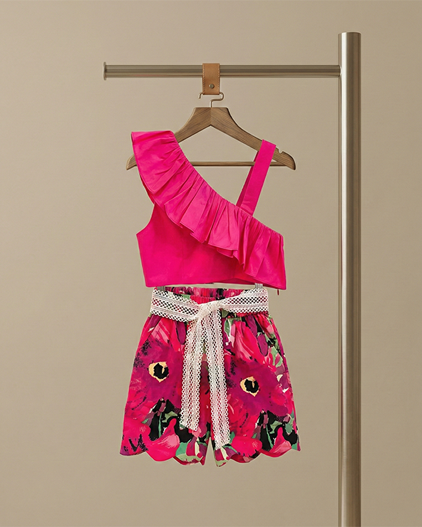 Hot pink one shoulder crop top & printed shorts set for babies