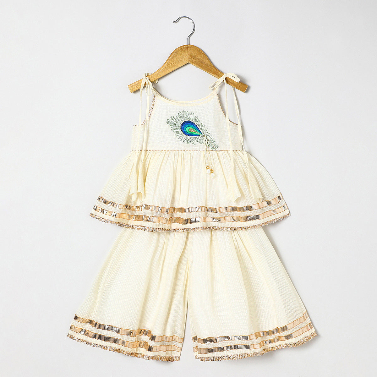 Off white Pure doria cotton Mayurpankh pearls embroidery with plazo set