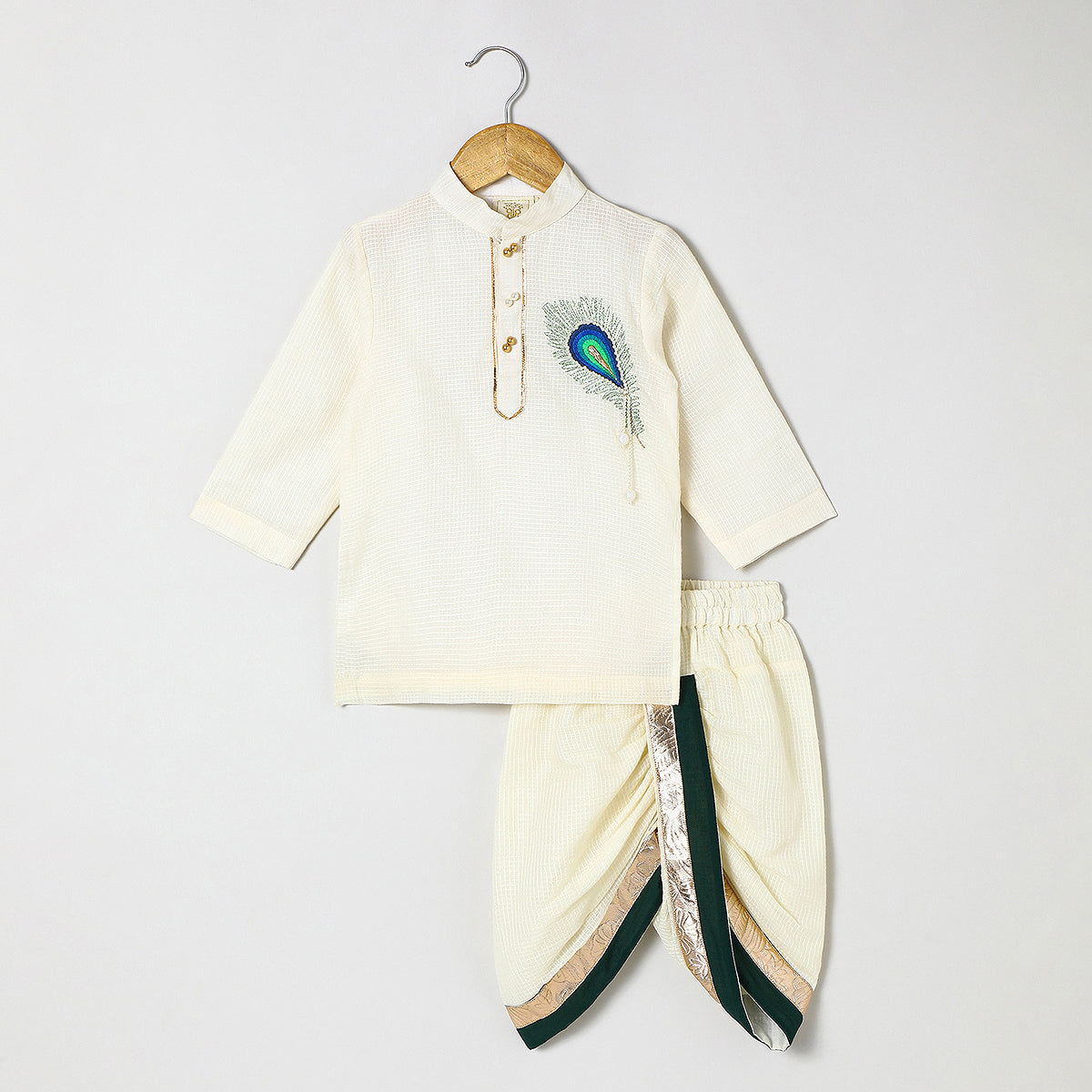 Off white doria cotton Kurta with Mayurpankh pearls embroidery Dhoti set