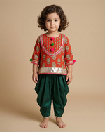 Load image into Gallery viewer, Deep green cotton kurta dhoti set for girls with gota work