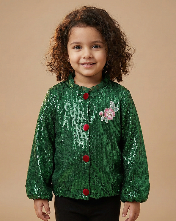 Girl wearing emerald green poly sequin jacket with soft lining