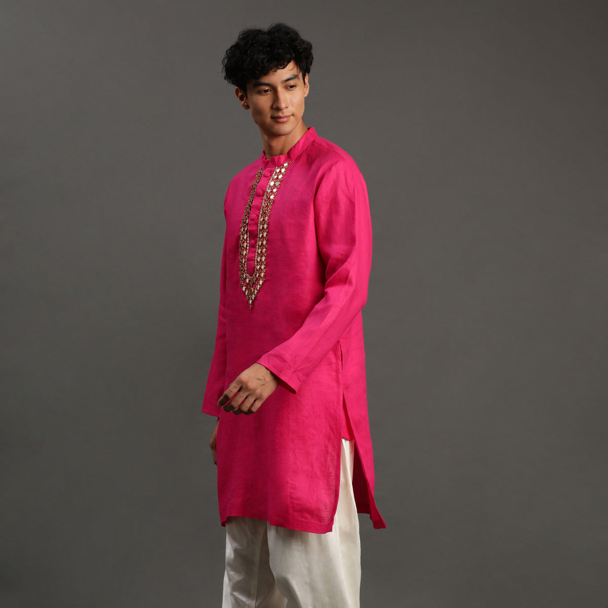 Fuchsia Pink Linen Kurta Pyjama Set for Men