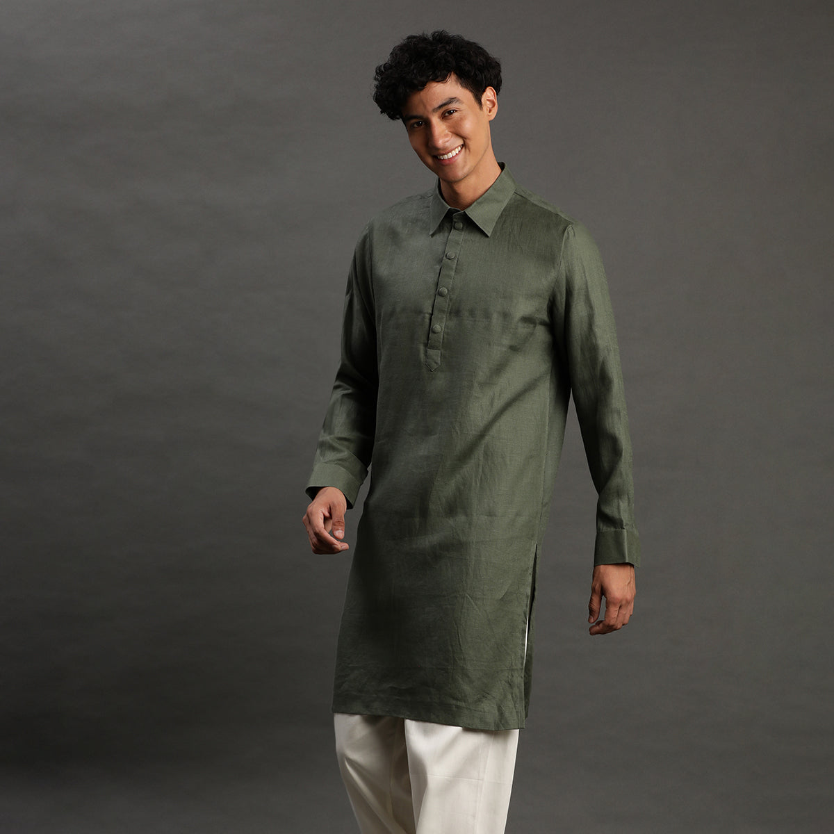 2Pcs Olive Linen Kurta Set
