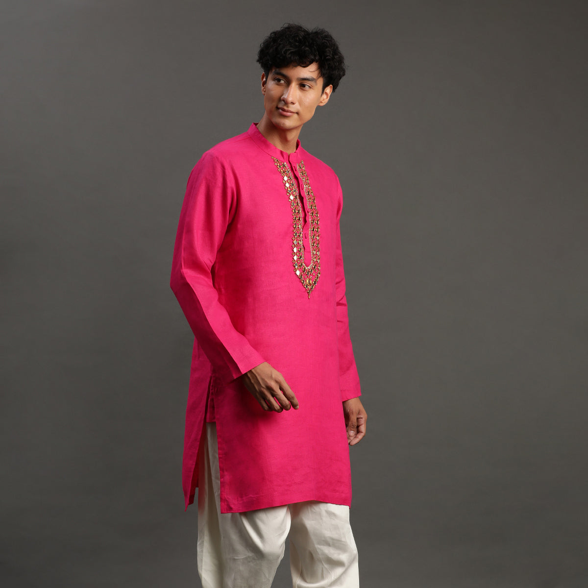 Fuchsia Pink Linen Kurta Pyjama Set for Men