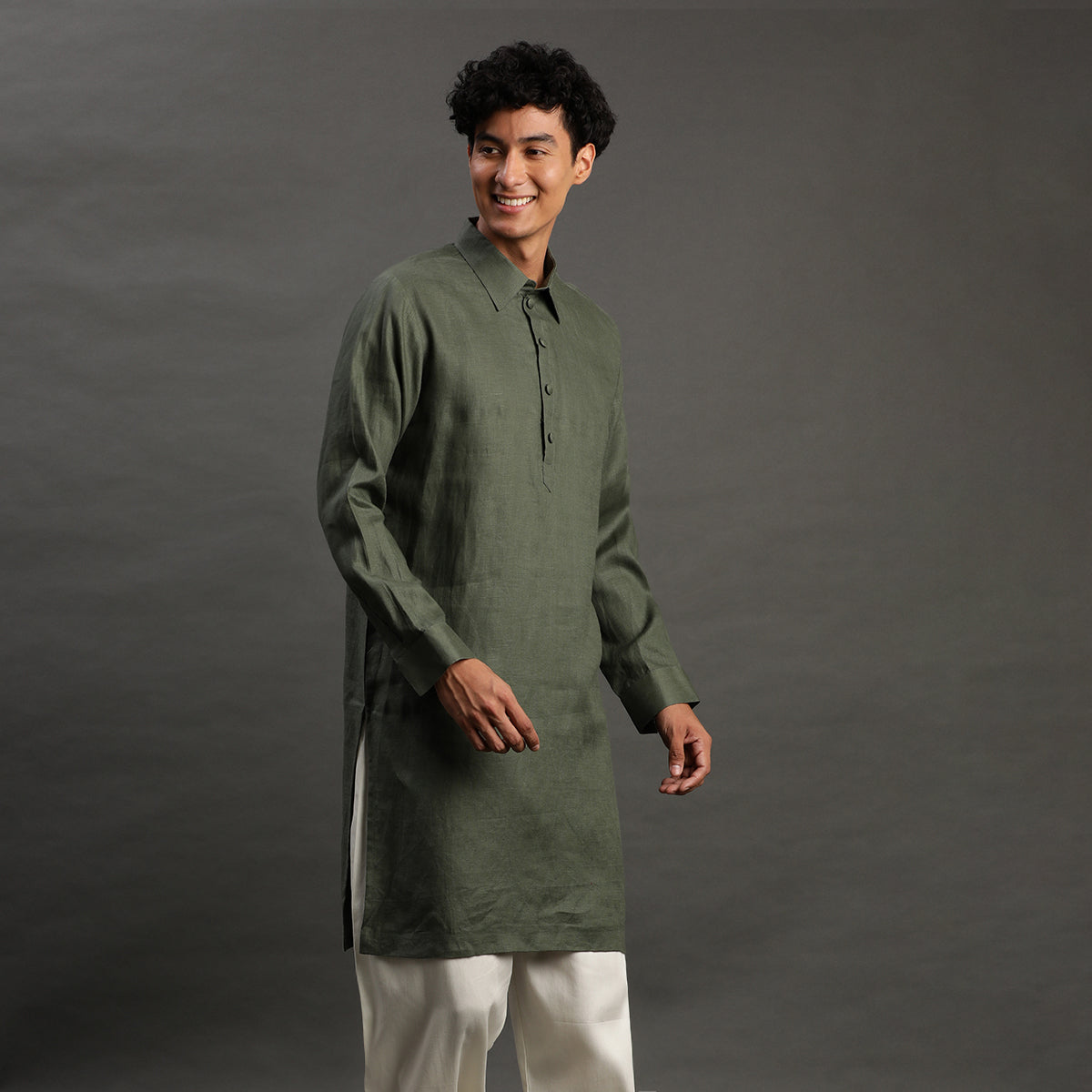2Pcs Olive Linen Kurta Set