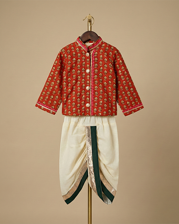 Red & off white pure cotton kurta dhoti set for baby boys