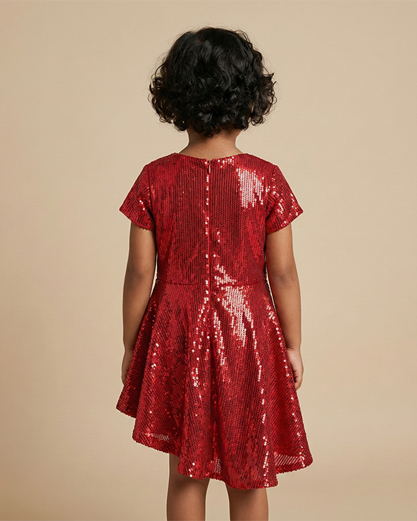Red sequin party dress with gold bow accents