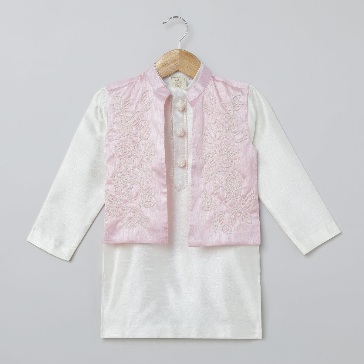 White & Baby Pink Raw Silk Kurta-Pyjama Set for Boys