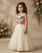 Load image into Gallery viewer, girls floral embroidered crop top with ivory organza skirt party wear