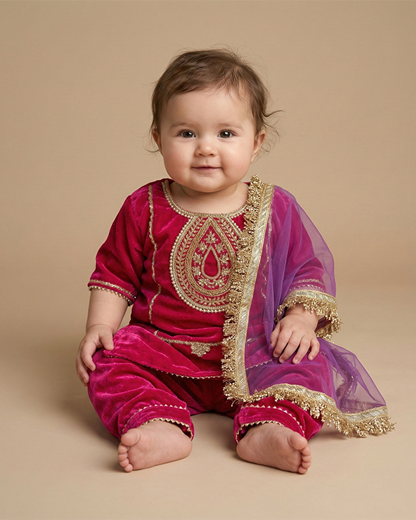 Magenta pink velvet kurta salwar set for girls with dupatta