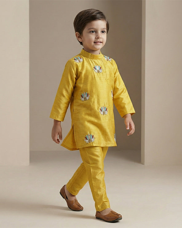 Mustard yellow silk kurta set for boys with lotus embroidery