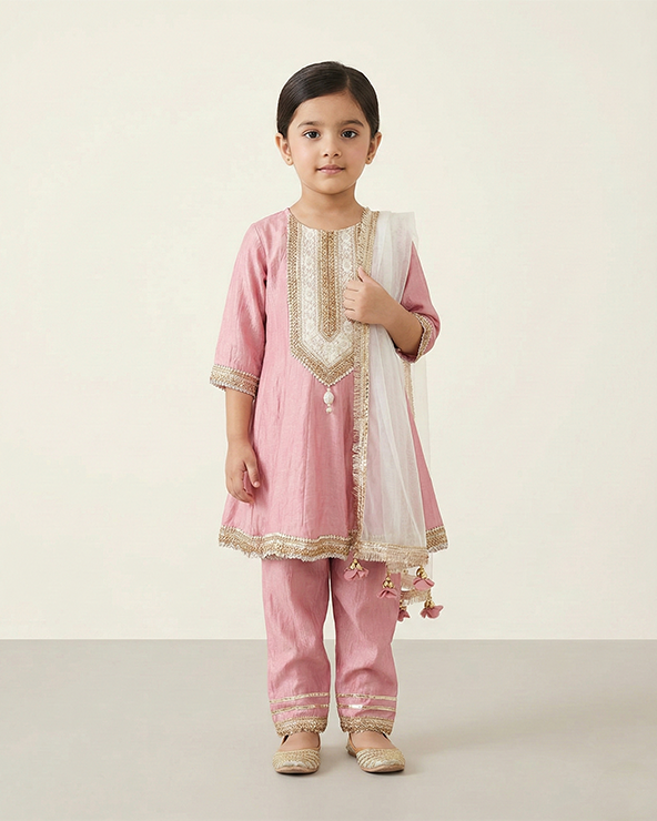 Pink silk girls kurti set with dupatta festive ethnic wear