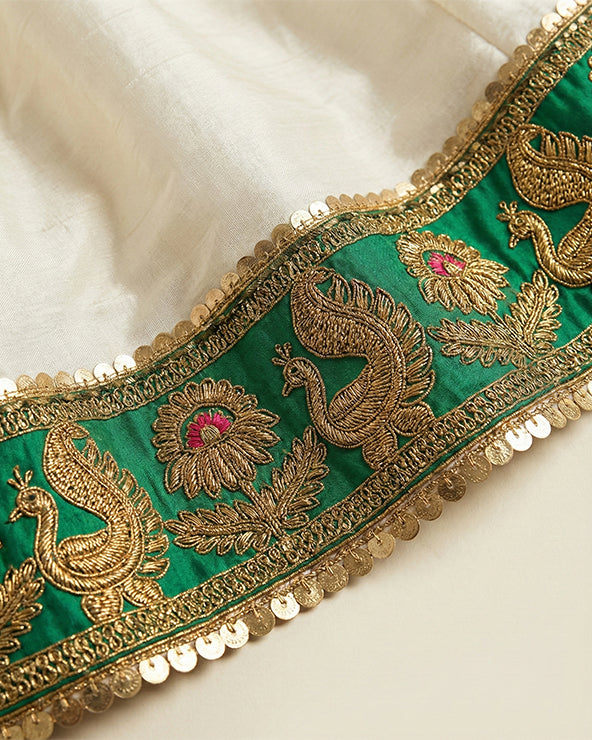 Ivory & green embroidered lehenga set for girls with bandhani dupatta