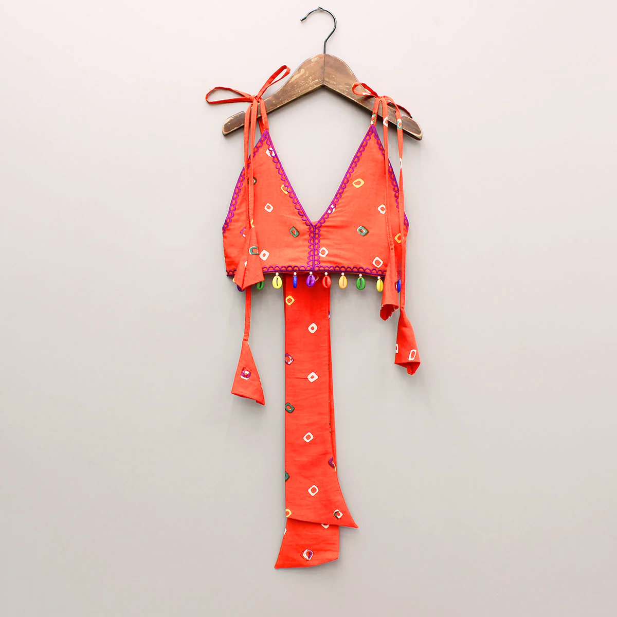Orange Embroidered Orange bandhani V neck Top and layered skirt