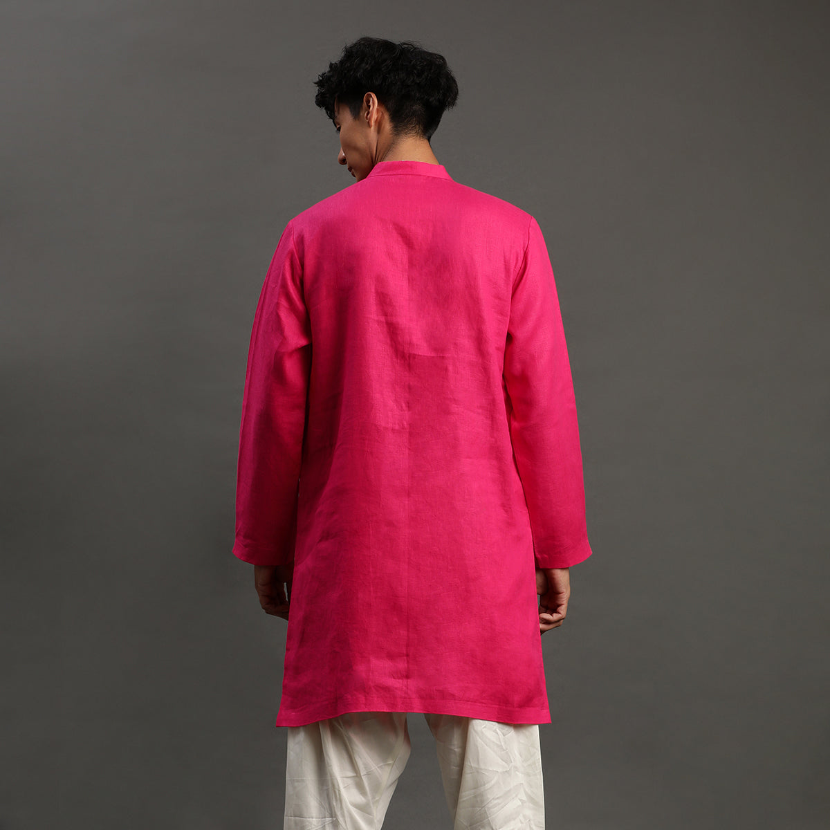 Fuchsia Pink Linen Kurta Pyjama Set for Men