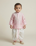 Load image into Gallery viewer, Baby boy wearing pink raw silk kurta dhoti set with pearl hand embroidery