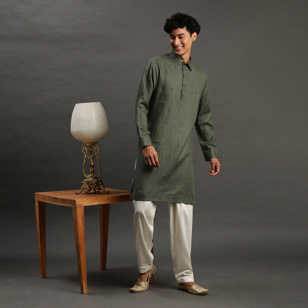 2Pcs Olive Linen Kurta Set