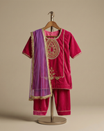 Load image into Gallery viewer, Magenta Pink Velvet Kurta Salwar Set for Girls with Dupatta