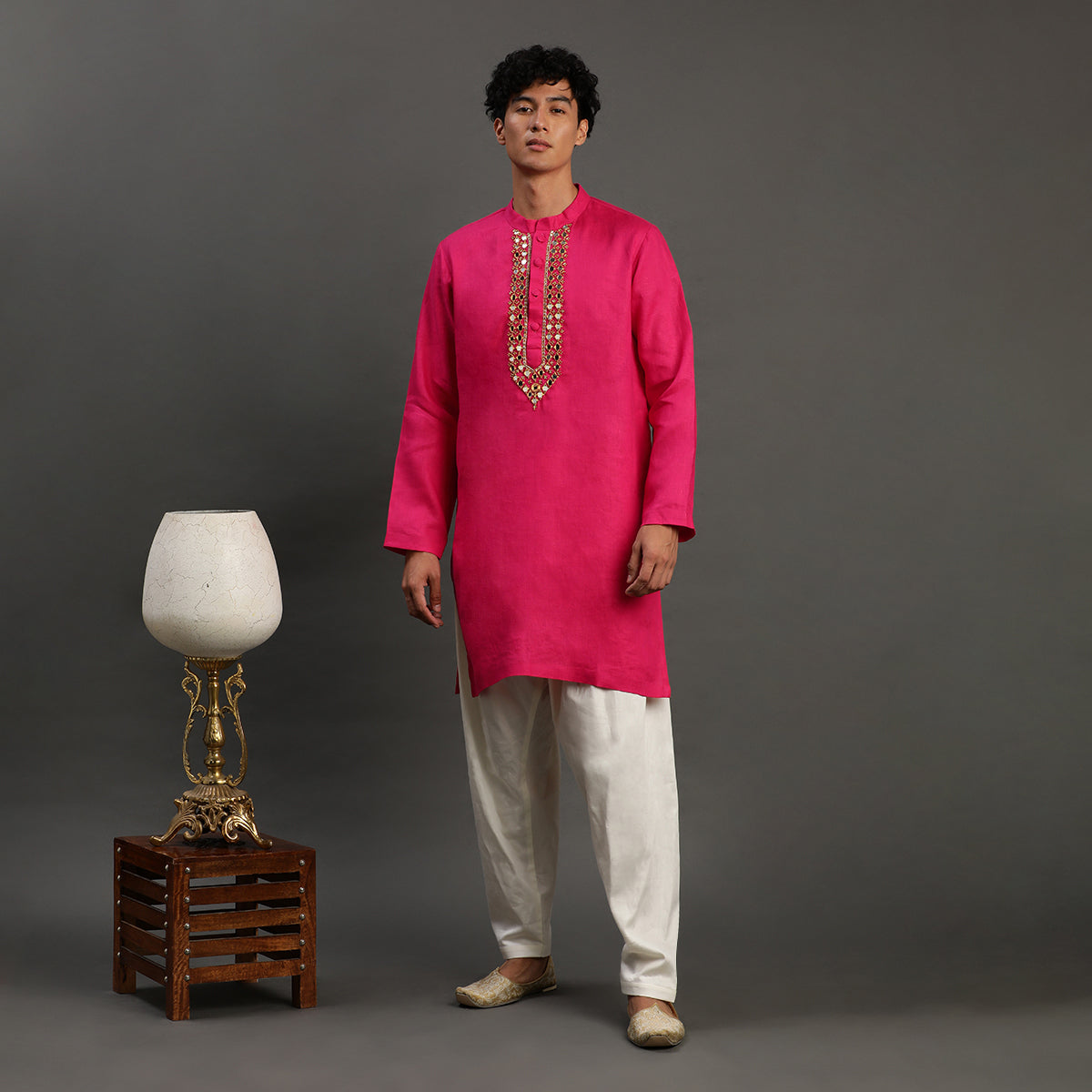 Fuchsia Pink Linen Kurta Pyjama Set for Men