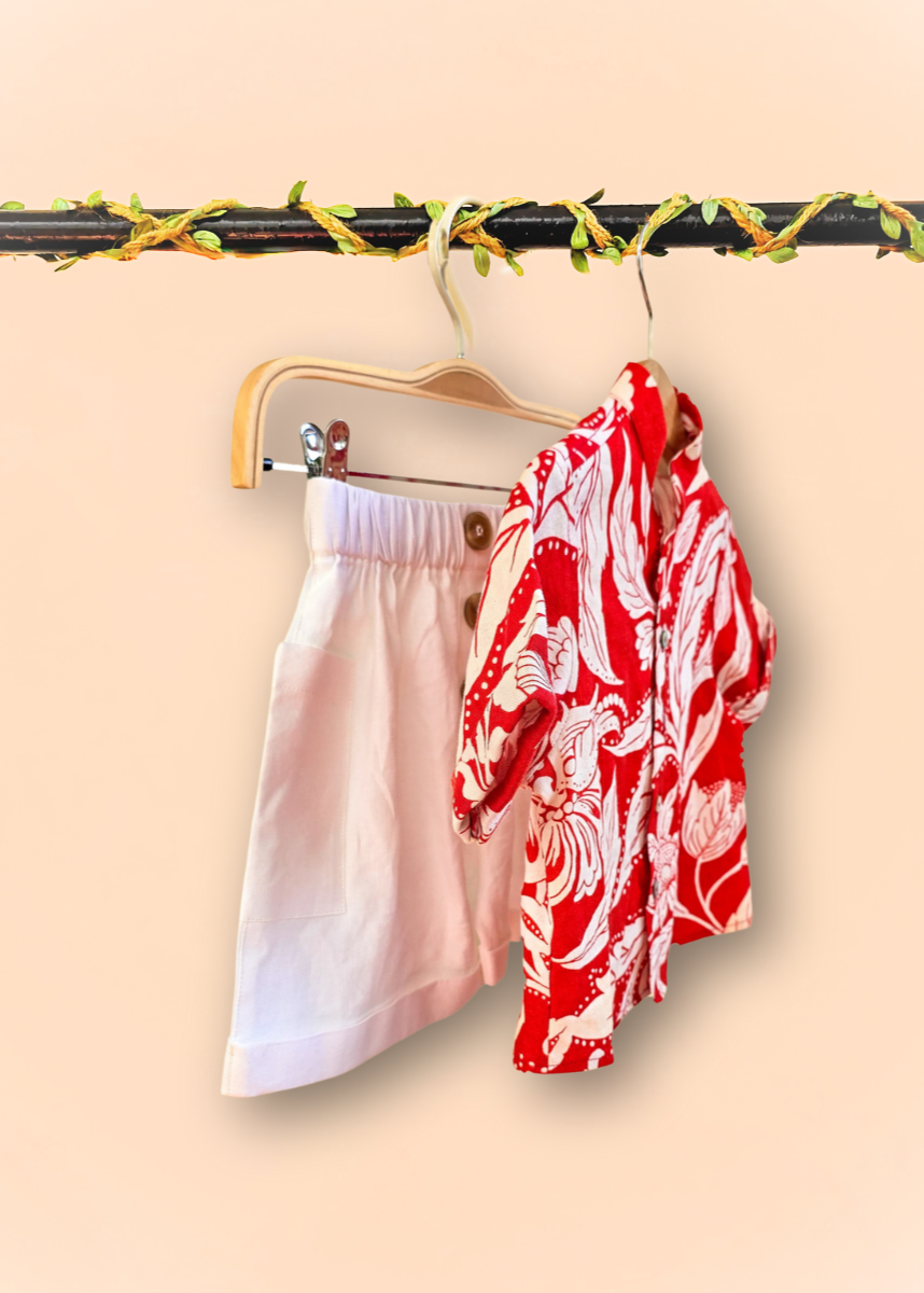 Tropical print red pure linen shirt set