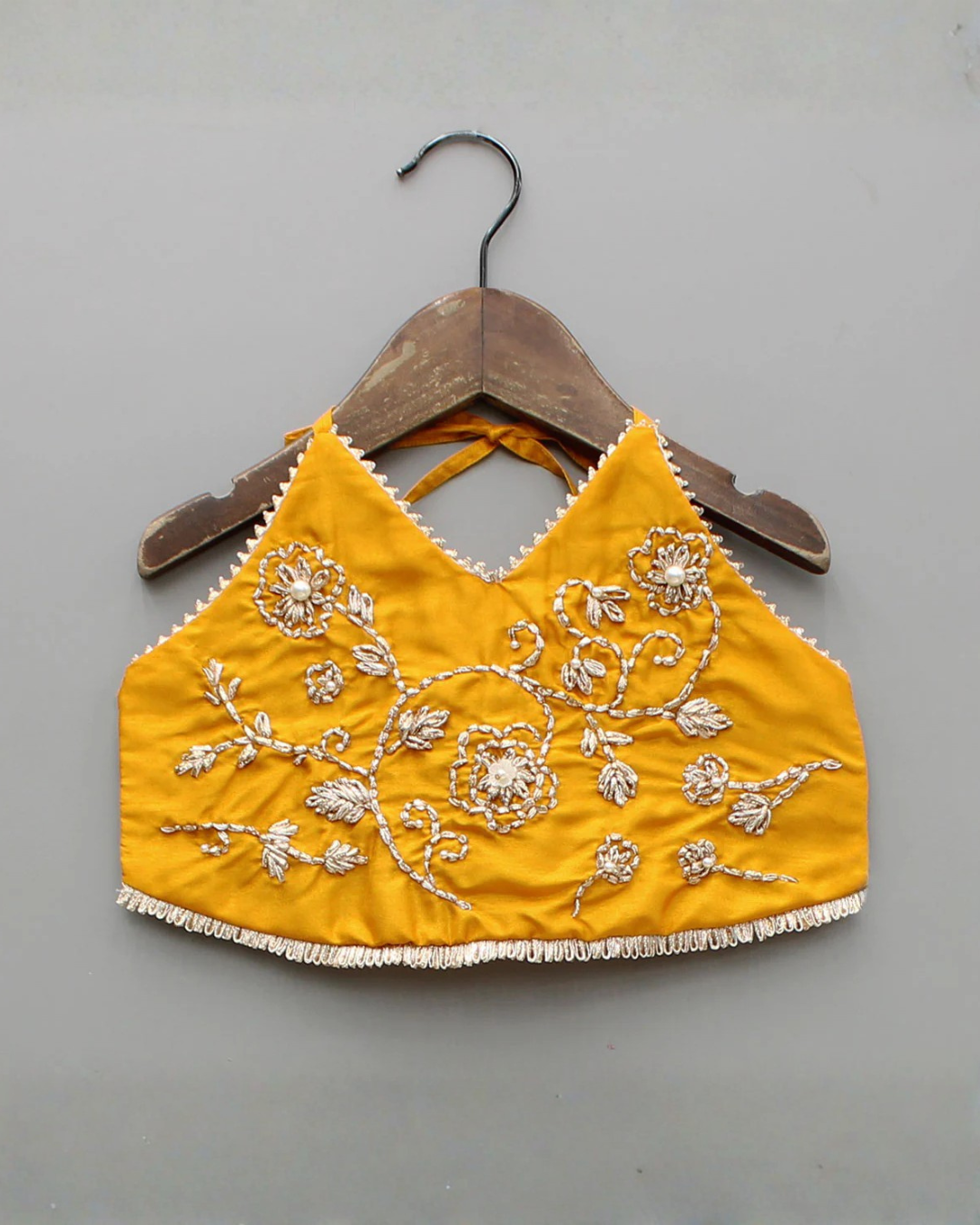 Mustard dola silk hand embroidered lehenga set for girl