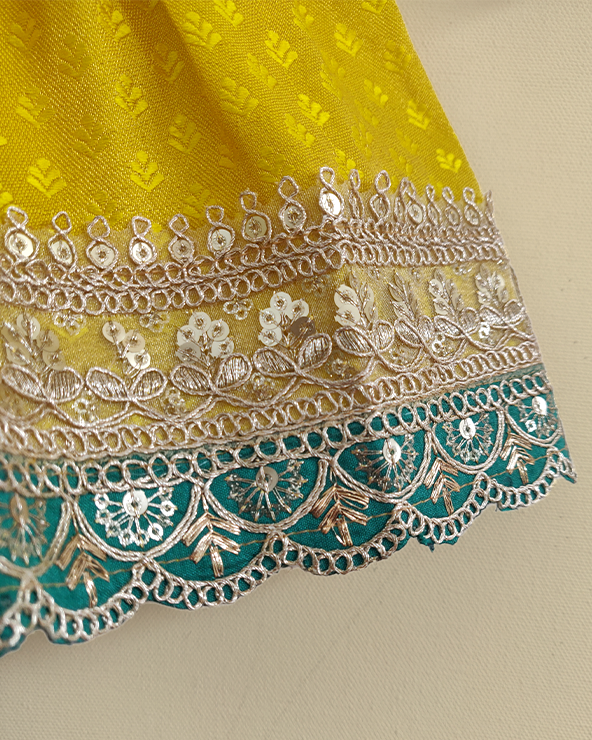 Lime yellow banarasi silk kurti sharara set for girls with cotton lining