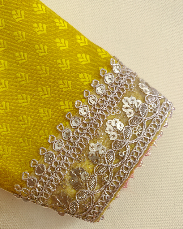 Lime yellow banarasi silk kurti sharara set for girls with cotton lining