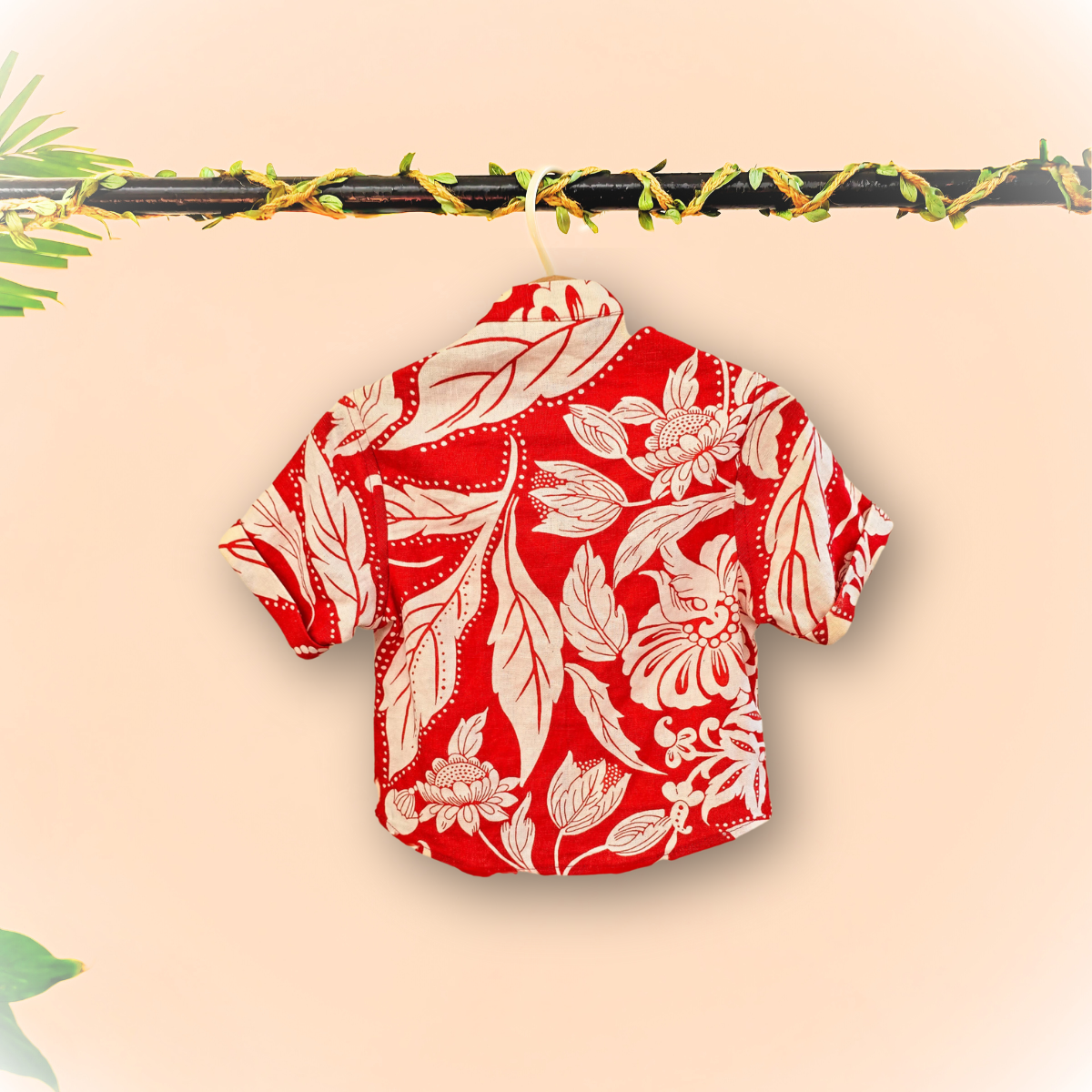 Tropical print red pure linen shirt set